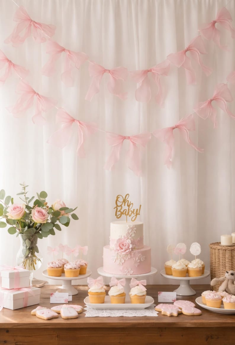 May include: A beautifully decorated table for a baby shower, featuring a two-tiered cake with a gold "Oh Baby!" topper, cupcakes, cookies, and pink bow garlands. A vase of pink roses and gift boxes add to the festive decor.