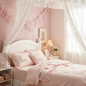 May include: A bedroom scene with a white bed frame, adorned with pink bedding featuring floral embroidery and ruffled edges. The room is painted in soft pink hues, complemented by white curtains and decorative accents, creating a cozy and feminine atmosphere.