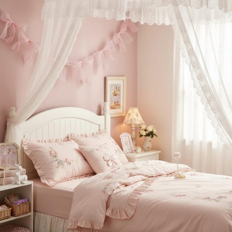 May include: A bedroom scene with a white bed frame, adorned with pink bedding featuring floral embroidery and ruffled edges. The room is painted in soft pink hues, complemented by white curtains and decorative accents, creating a cozy and feminine atmosphere.