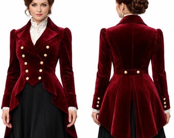 Damen Burgundy Samt viktorianischer Tailcoat: Handgemachter viktorianischer Steampunk Gothic Vintage Mantel