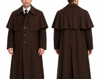 "Herren Tiefbrauner ""Inverness Wollmantel"" Handgefertigter Vintage Viktorianischer Steampunk Winter Cape Mantel