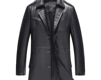 Trench in pelle nera da uomo: giacca in vera pelle morbida