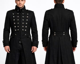 Herren Schwarz Wolle Steampunk Militär Lange Jacke: Handgemachter Vintage Viktorianischer Steampunk Mantel