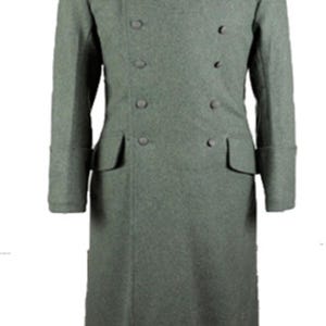 May include: A long, double-breasted military-style coat in a muted green color. The coat features a dark green collar, shoulder accents, and multiple buttons. It has two front pockets and long sleeves.