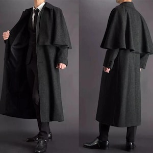 Men's Black Wool Inverness Cape Overcoat - Long Winter Coat