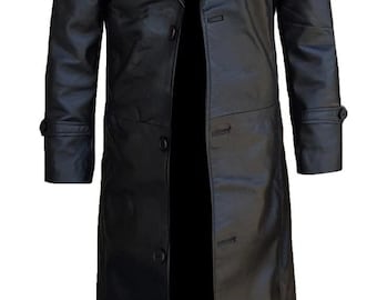 Herrtrenchcoat i svart, äkta fårskinn, handgjord lång dusterjacka