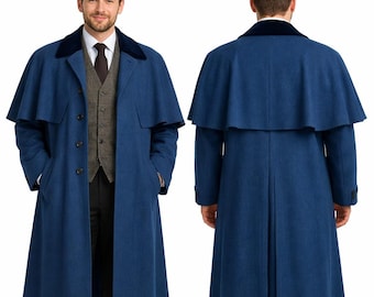 Herren Blauer Wolle Inverness Mantel: Handgemachter Vintage Viktorianischer Steampunk Wolle Cape Mantel