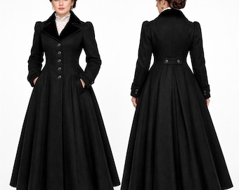 Viktorianischer langer Mantel aus schwarzer Wolle für Damen: Handgefertigte Oberbekleidung im viktorianischen Steampunk Vintage-Stil
