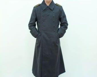 Men's Military Inspired Wool Greatcoat: Blue Grey WW2 Overcoat