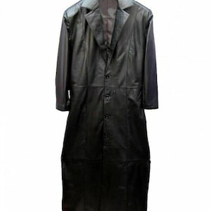 May include: A long, black leather coat with a notched collar and button-down closure. The coat extends to the ankles and has a classic, tailored design. The coat is made of a smooth, shiny leather material.