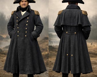 18th Century Herren Militärisch inspirierte Napoleonische Mantel: Handgefertigter Vintage Viktorianischer Steampunk Grauer Wollmantel