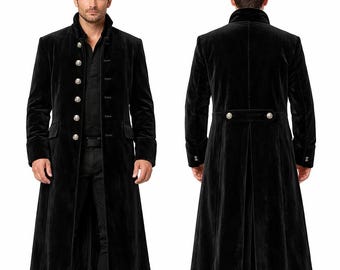 Herren Schwarzer Samt Langer Mantel: Handgemachter Vintage Viktorianischer Steampunk Samt Mantel