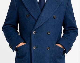 Herren Blauer Wollmantel Ulster: Handgefertigter Vintage Winter Wollmantel