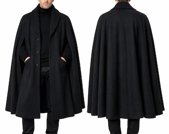 Herren Schwarz Wolle Lange Strickjacke Cape: Handgefertigter Winter Cape Mantel