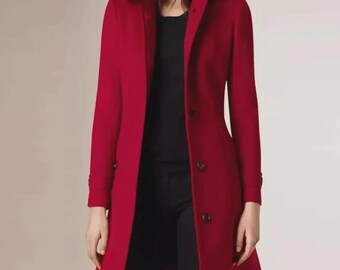 Damen Roter Wollmantel: Einreihiger Wintermantel