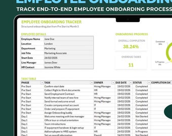 Szablon programu Excel do śledzenia wdrażania pracowników, lista kontrolna i panel wdrażania, narzędzie HR Tracker, plan wdrażania nowych pracowników, podsumowanie do wydrukowania