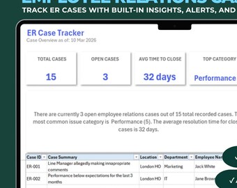 Narzędzie do śledzenia spraw w dziale relacji pracowniczych w programie Excel | Szablon dziennika spraw HR | Narzędzie do śledzenia skarg i postępowań dyscyplinarnych | Dziennik dochodzeń HR | Panel ER