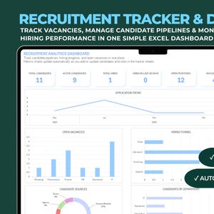 Può includere: Un dashboard di reclutamento digitale su uno schermo di un laptop mostra le analisi. Il dashboard include grafici e diagrammi che tracciano le posizioni vacanti, i flussi di candidati e le prestazioni di assunzione. Il testo include "Modello Excel modificabile".