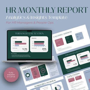 Pode incluir: Um modelo de Relatório Mensal de RH com análises e insights. O relatório inclui gráficos sobre rotatividade, retenção e análise de ausências. O modelo é projetado para gerentes de RH e operações de pessoal, com um esquema de cores rosa e verde.