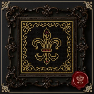 May include: A framed cross-stitch with a gold fleur-de-lis on black fabric. The dark brown frame has elaborate scrollwork. A red wax seal with "THE GILDED MOTH" is in the corner. The design is reminiscent of antique needlework, with a vintage aesthetic.