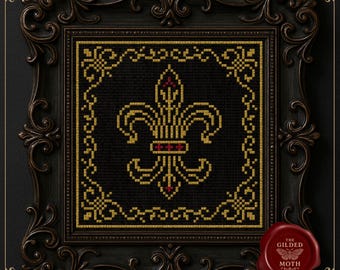 ゴシック・フルール・ド・リスのクロスステッチパターン • 中世の紋章 PDF • ダーク・アカデミアの紋章刺繍 • 黒のアイーダ金細工風装飾