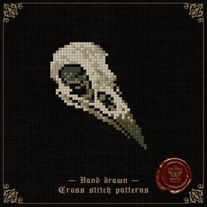 May include: A cross-stitch pattern featuring a white and grey bird skull on a black background. The text reads Hand drawn Cross stitch patterns and includes a red wax seal logo with the text The Gilded Moth and a moth illustration.
