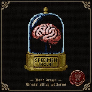 Könnte beinhalten: Kreuzstichmuster eines Gehirns in einer Glaskuppel. Das Gehirn ist rosa und rot, und die Kuppel steht auf einem goldenen Sockel mit dem Text "SPECIMEN NO. 41". Der Text "Hand drawn - Cross stitch patterns" steht darunter.