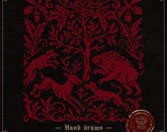 May include: A cross-stitch pattern featuring a red design on a black background. The design includes a tree, deer, and a boar, framed by floral elements. The text reads "Hand drawn Cross stitch patterns".