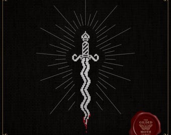 ゴシック蛇剣クロスステッチパターン • オカルトダガーPDF • 中世の武器刺繍 • 魔女風ブラックワーク蛇剣刺繍