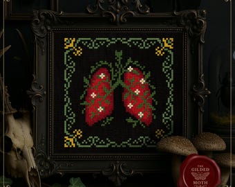ゴシック解剖学肺クロスステッチパターン • 植物解剖学PDF • 中世花器官刺繍 • ダークアカデミアブラックアイーダ装飾