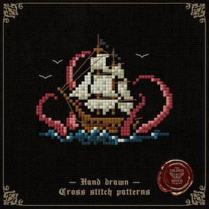 Kraken and ship cross stitch pattern