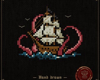 Kraken and ship cross stitch pattern