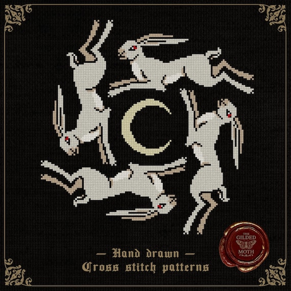 Horned Moon Hares | Gothic Folklore Cross Stitch Pattern | Medieval Lunar Hare Embroidery PDF