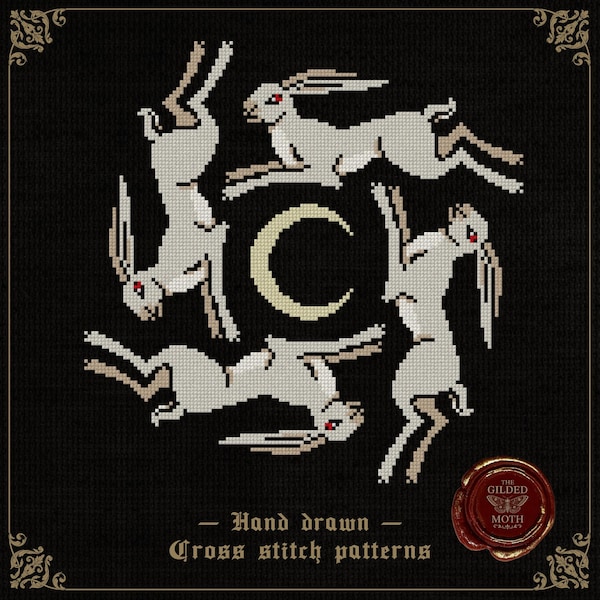 Gehörnte Mondhasen | Gothic Folklore Kreuzstichmuster | Mittelalterliche Mondhase Stickdatei