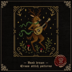 May include: Cross-stitch pattern featuring a deer-like creature playing a lute, adorned with a green scarf. The design includes stars, plants, and mushrooms, framed in gold on a black background. Text reads "Hand drawn - Cross stitch patterns."