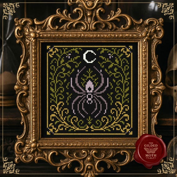 Gothic counted Cross Stitch Pattern PDF | Dark spider Cottagecore Insect Embroidery | Victorian Curio Wall Art Design, printable chart