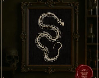 蛇の骨格のクロスステッチパターン • ゴシック蛇の骨格PDF • ダークアナトミー刺繍 • 黒のアイーダに中世の不気味な刺繍