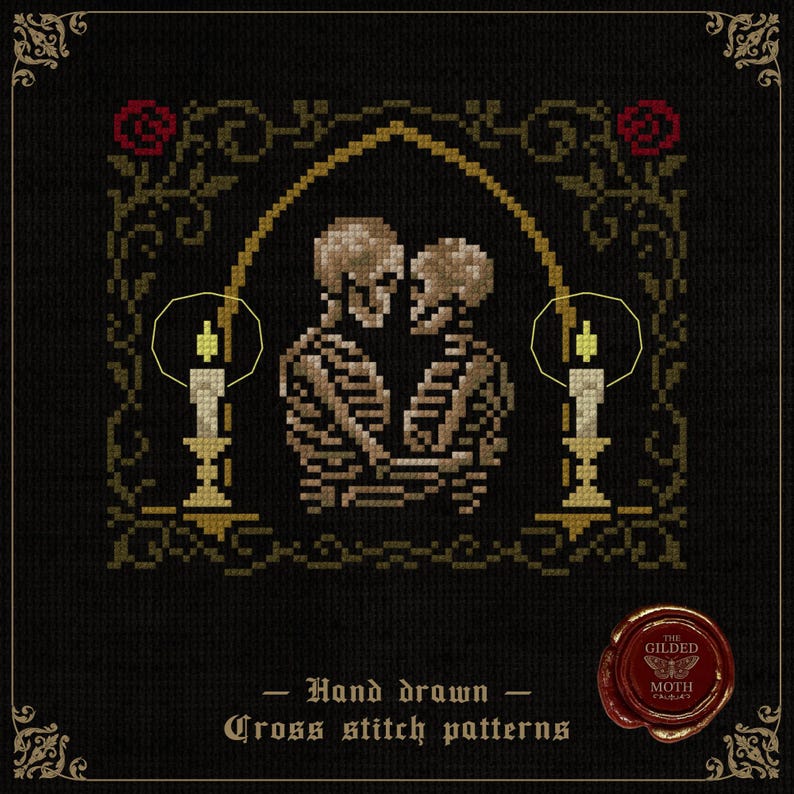 May include: Cross-stitch pattern featuring two skeletons embracing under an arch, flanked by candles and roses. The design is in shades of beige, gold, and red on a black background. Text reads "Hand drawn Cross stitch patterns".
