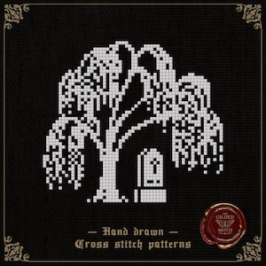 May include: A white pixelated cross stitch pattern of a weeping willow tree next to a tombstone on a black background. The text reads Hand drawn Cross stitch patterns, with a red wax seal logo featuring a moth and the text The Gilded Moth.