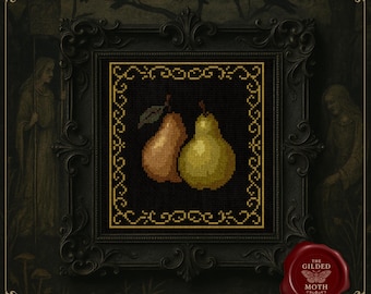 中世の洋ナシの静物画クロスステッチパターン • ゴシックフルーツ刺繍PDF • ヴィンテージキッチンウォールアート • 旧世界のタペストリースタイルの刺繍