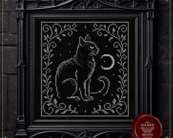 ゴシック風黒猫のクロスステッチパターン • 魔女の月の猫 PDF • ダークコテージコア刺繍デザイン