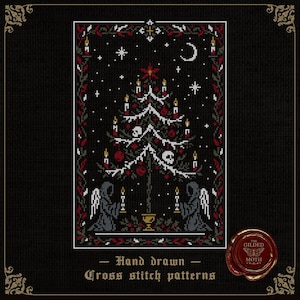May include: Cross-stitch pattern depicting a gothic Christmas tree adorned with skulls, candles, and a crescent moon against a starry night. The design includes two cloaked figures, a chalice, and the text "Hand drawn Cross stitch patterns."