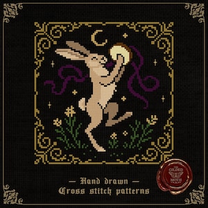Hare Bard | Medieval Moon Rabbit Cross Stitch Pattern | Gothic Lunar Folklore Embroidery PDF