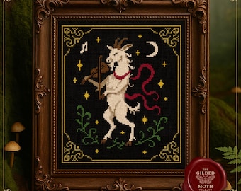 中世のヤギの音楽家クロスステッチパターン • ゴシックファンタジータペストリーPDF • バイオリンを弾くヤギの刺繍 • 黒のアイーダ民話の装飾