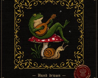 Toad Musician | Medieval Frog Bard Cross Stitch Pattern | Gothic Cottagecore Embroidery PDF