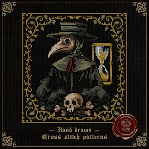 May include: Cross-stitch pattern depicting a plague doctor in a bird mask, hat, and cloak, holding a skull and crossbones. An hourglass is in the background. The design is framed with a gold floral border and includes the text "Hand drawn Cross stitch patterns".