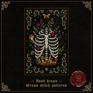 May include: Cross-stitch pattern featuring a white rib cage design filled with red roses, mushrooms, and greenery on a black background. The text reads "Hand drawn Cross stitch patterns". The design is framed with decorative borders and a butterfly.