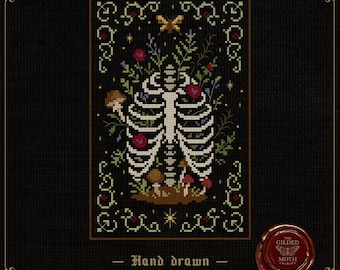 Botanical Bones | Gothic Skeleton Floral Cross Stitch Pattern | Dark Cottagecore Embroidery PDF