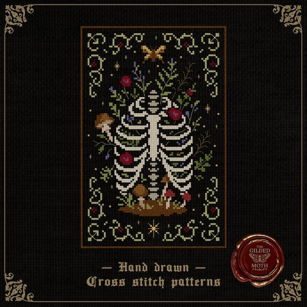 Huesos botánicos / Patrón de punto de cruz floral de esqueleto gótico / Bordado estilo cottagecore oscuro en PDF
