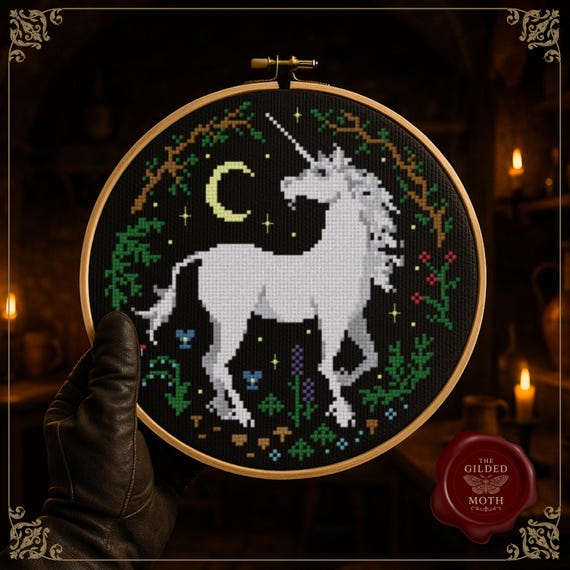 Gothic Unicorn counted Cross Stitch Pattern: Dark Cottagecore Embroidery (PDF)